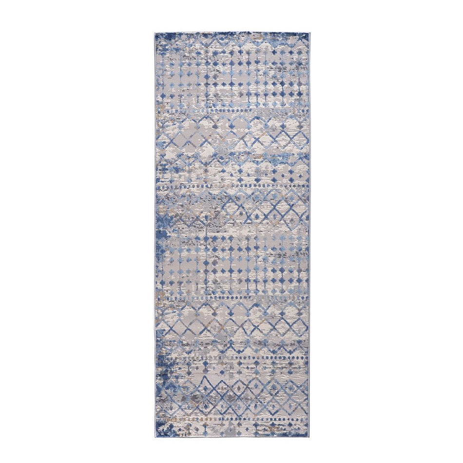 Hannah Moroccan Global Woven Area Rug - Blue / Cream - 3x8' Runner