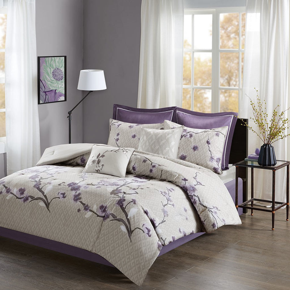 Holly 8 Piece Cotton Comforter Set - Purple - King Size