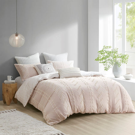 INK+IVY Kara 3 Piece Cotton Jacquard Duvet Cover Set - Blush - Full Size / Queen Size