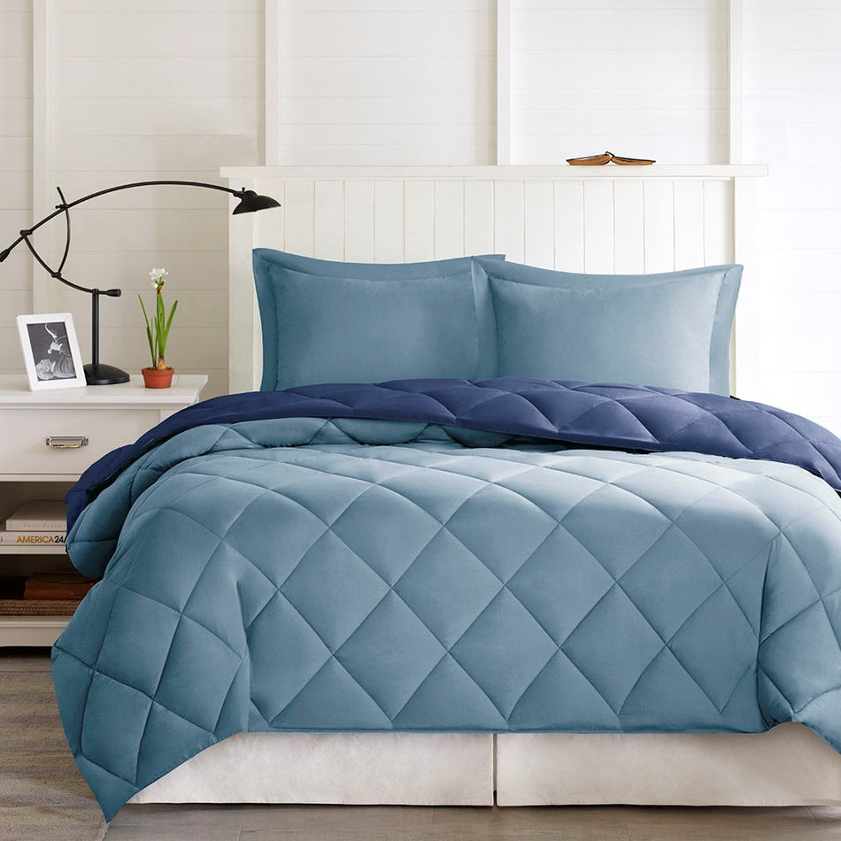 Larkspur 3M Scotchgard Diamond Quilting Reversible Down Alternative Comforter Set - Navy / Light Blue - Full Size / Queen Size