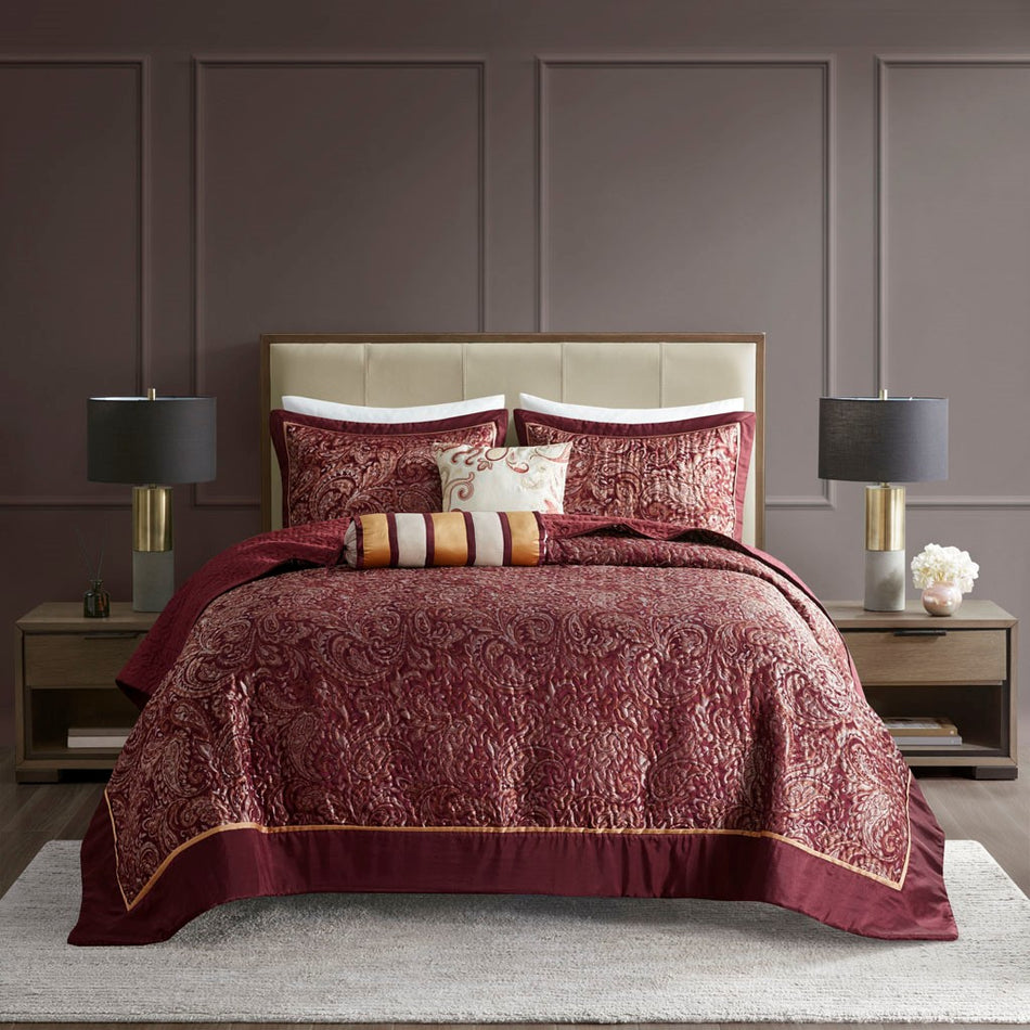 Aubrey 5 Piece Reversible Jacquard Bedspread Set - Burgundy - Queen Size