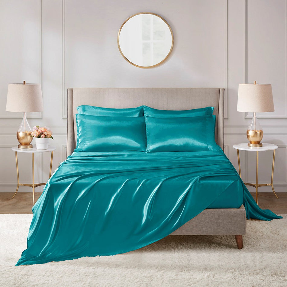 Madison Park Essentials Satin Luxury 6 PC Sheet Set - Teal - Cal King Size