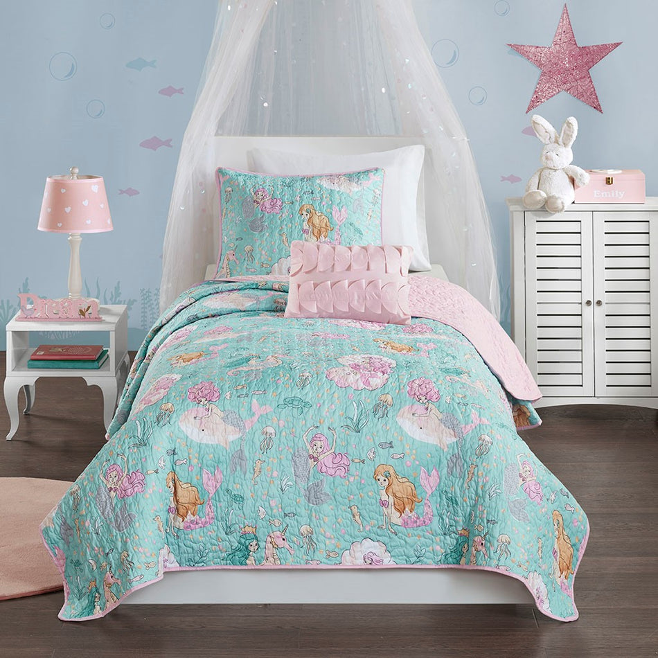 Darya Printed Mermaid Reversible Coverlet Set - Aqua / Pink - Full Size / Queen Size