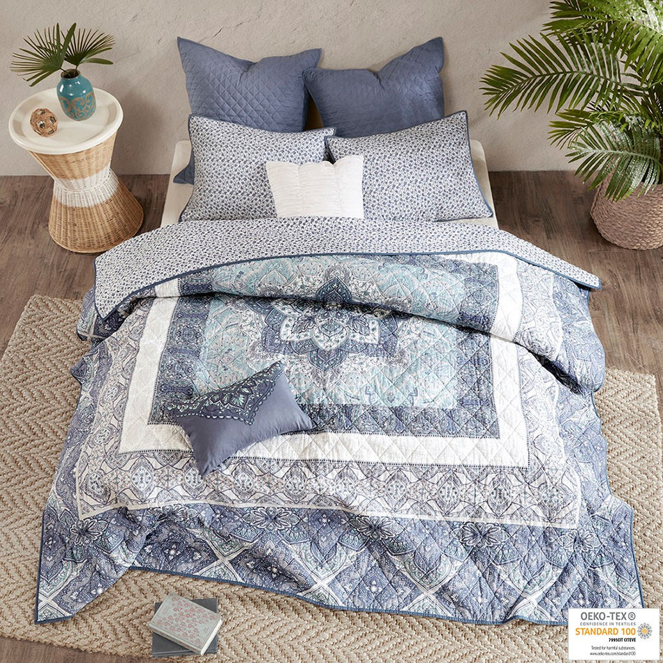 Urban Habitat Maggie 7 Piece Reversible Cotton Quilt Set with Euro Shams and Thrwo Pillows - Blue - King Size / Cal King Size