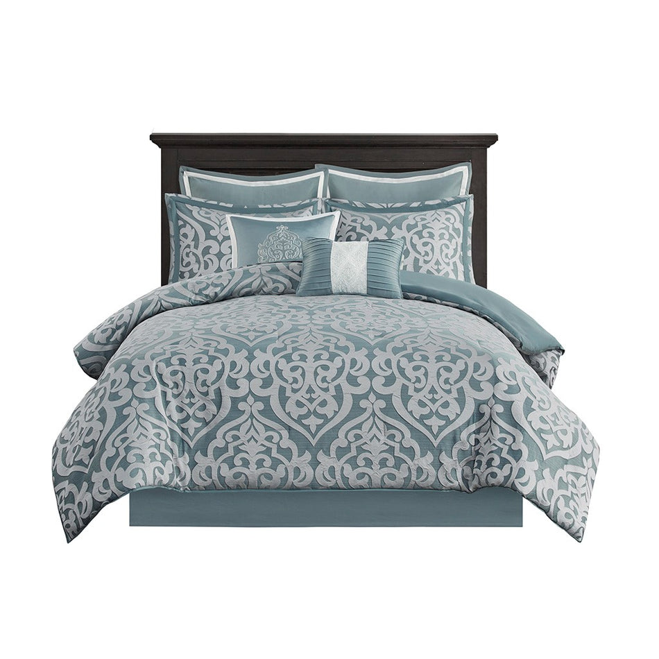 Odette 8 Piece Jacquard Comforter Set - Aqua - Cal King Size