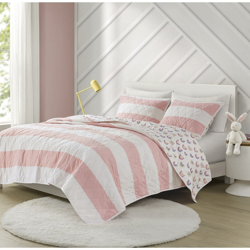 Urban Habitat Kids Sammie Cotton Cabana Stripe Reversible Quilt Set with Rainbow Reverse - Pink - Twin Size