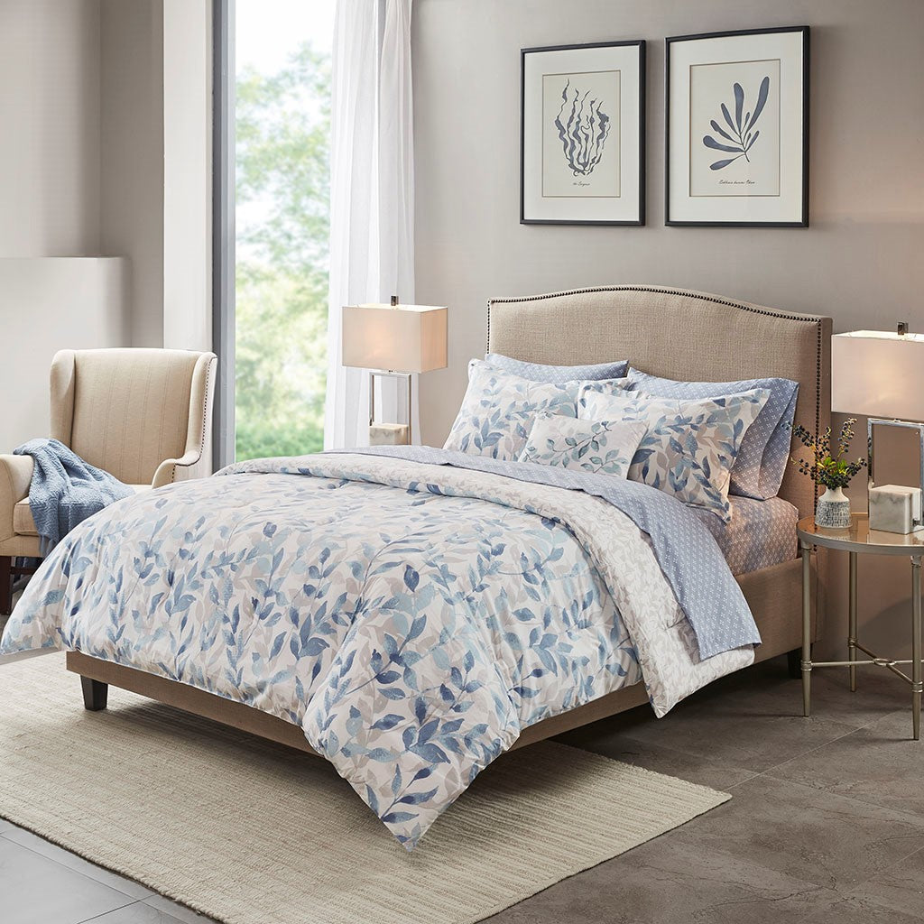 Madison Park Essentials Sofia Reversible 8 Piece Comforter Set with Bed Sheets - Blue - Full Size