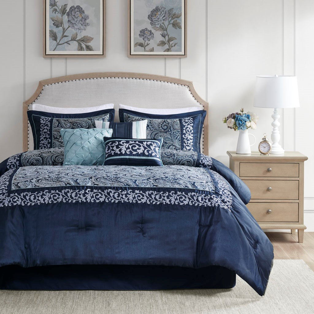 Madison Park Whitney 7 Piece Jacquard Comforter Set - Navy  - Queen Size Shop Online & Save - expresshomedirectr.com