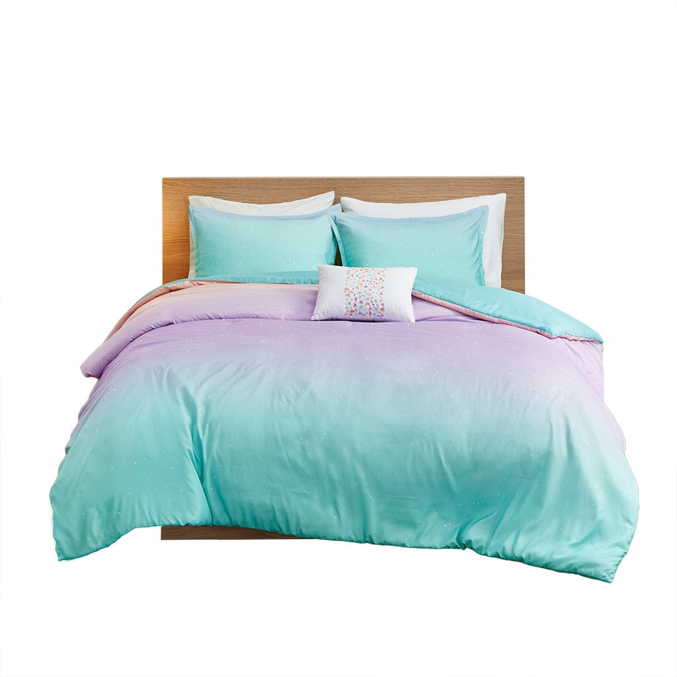 Glimmer Metallic Glitter Printed Reversible Duvet Cover Set - Aqua - Full Size / Queen Size