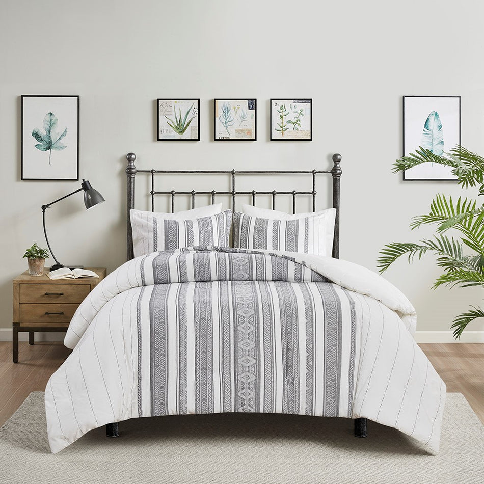 Landry 3 Piece Cotton Waffle Jacquard Duvet Cover Set - Gray - Full Size / Queen Size