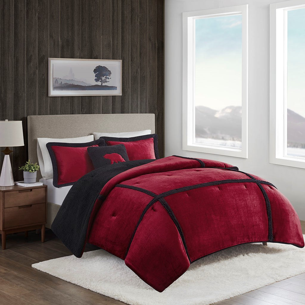 Woolrich Orlen Plush to Sherpa Comforter Set - Red - King Size