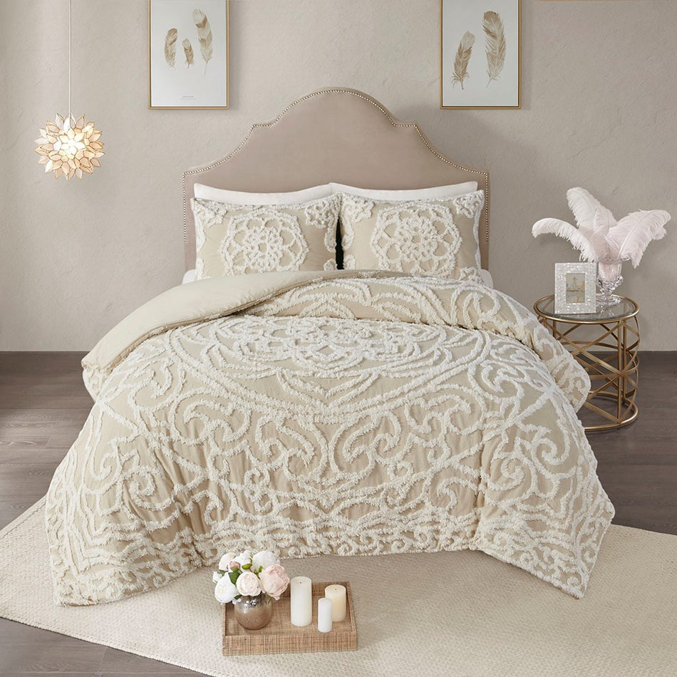 Laetitia 3 piece Tufted Cotton duvet cover set - Taupe - Full Size / Queen Size