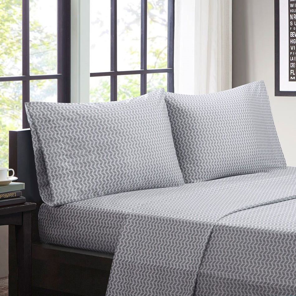 Chevron Printed Microfiber Sheet Set - Grey - King Size