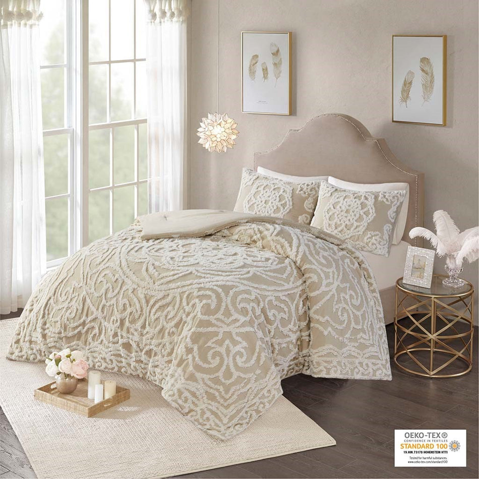 Madison Park Laetitia Tufted Cotton Chenille Medallion Comforter Set - Taupe - King Size / Cal King Size