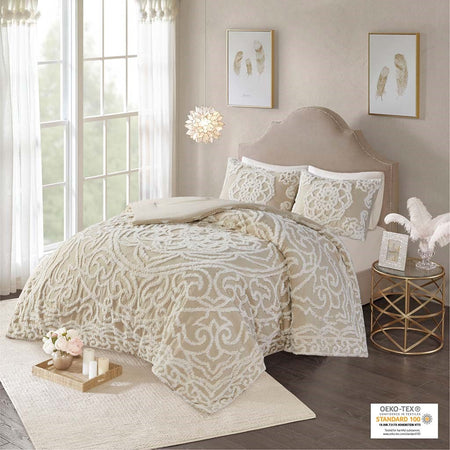 Madison Park Laetitia Tufted Cotton Chenille Medallion Comforter Set - Taupe - Full Size / Queen Size