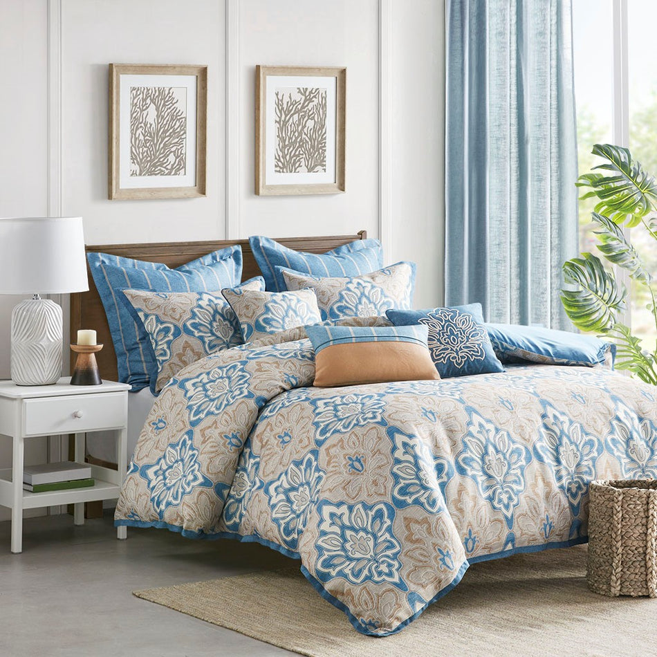 Caspian 8 Piece Medallion Print Comforter Set - Blue - Queen Size