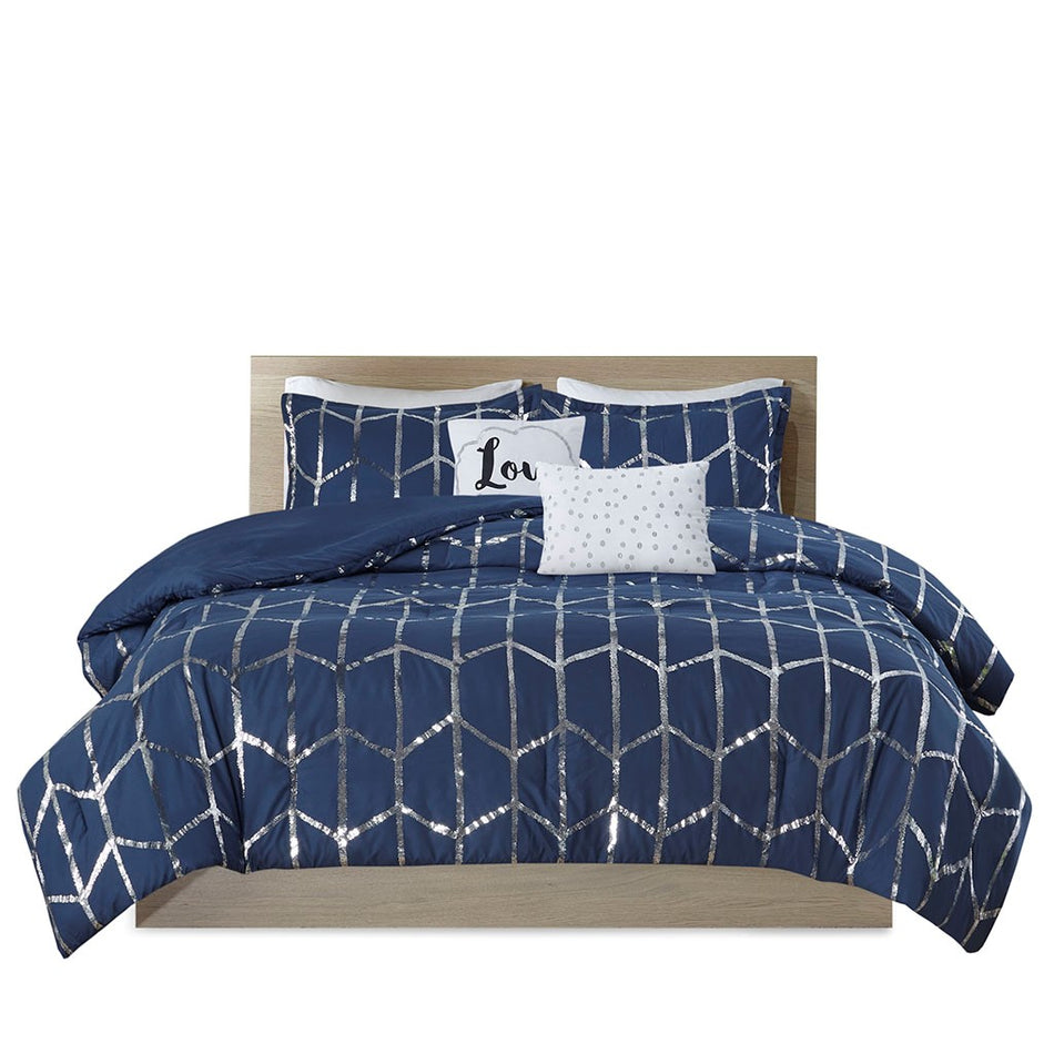 Raina Metallic Printed Comforter Set - Navy / Silver - Twin Size / Twin XL Size