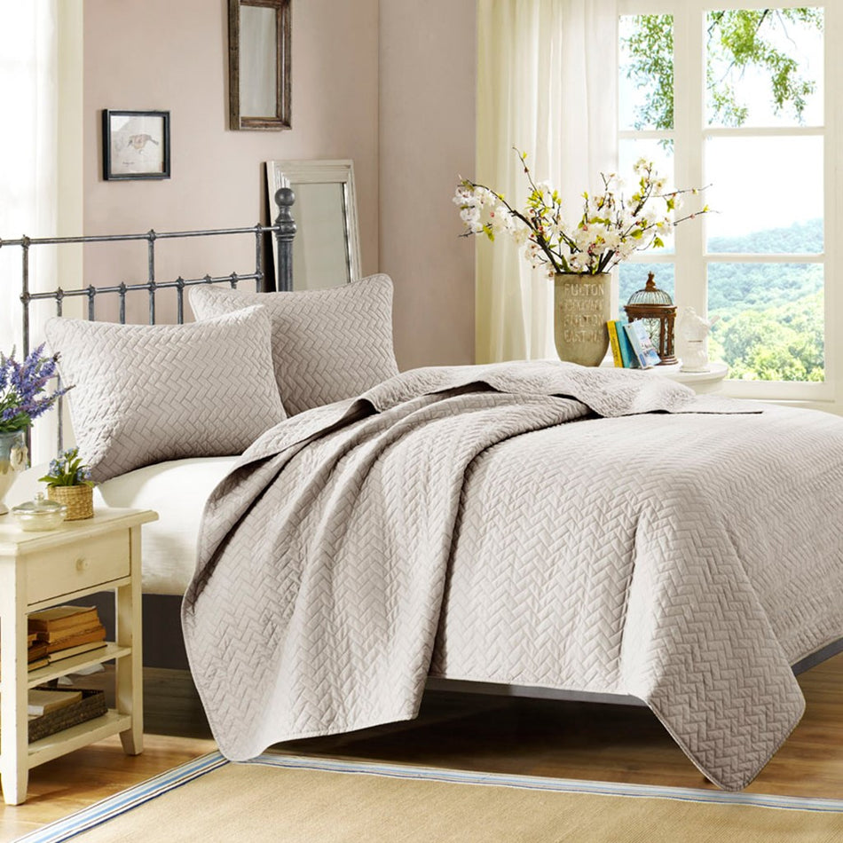 Hampton Hill Velvet Touch 3 Piece Luxurious Oversized Quilted Coverlet Set - Linen - Queen Size