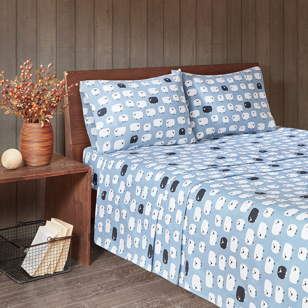 Woolrich Cotton Flannel Sheet Set - Blue Sheep  - Queen Size Shop Online & Save - expresshomedirectr.com