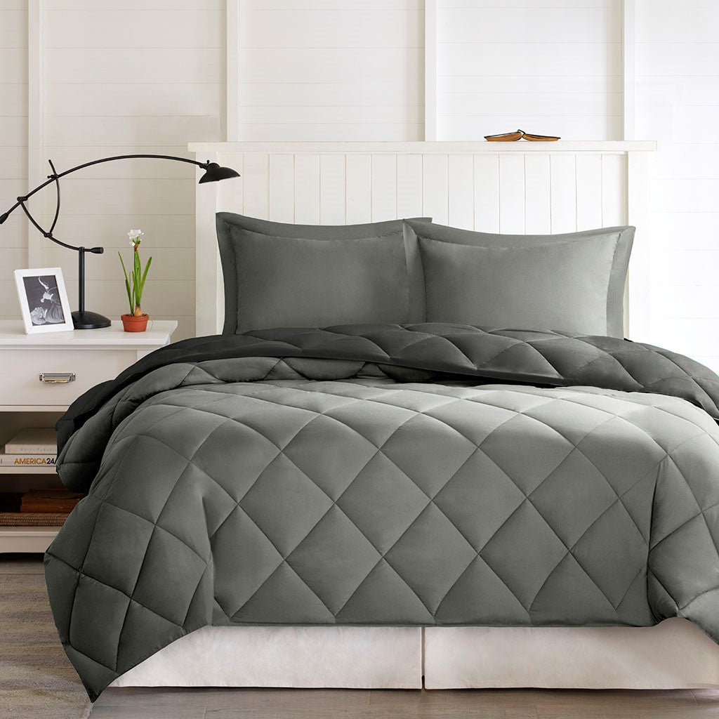 Madison Park Essentials Larkspur 3M Scotchgard Diamond Quilting Reversible Down Alternative Comforter Set - Black / Grey - King Size