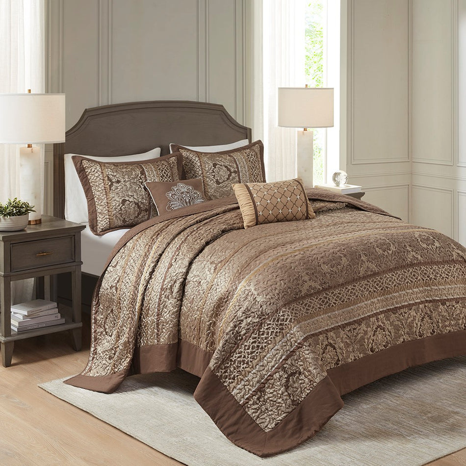 Madison Park Bellagio 5 Piece Reversible Jacquard Bedspread Set - Brown / Gold - King Size