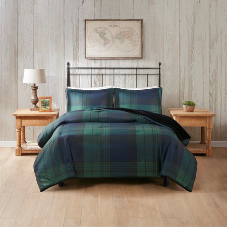 Woolrich Bernston Faux Wool to Faux Fur Down Alternative Comforter Set - Green Plaid - Twin Size / Twin XL Size