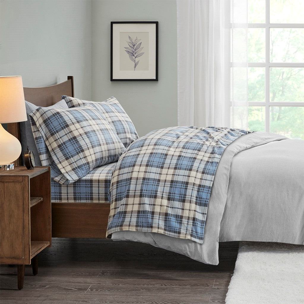 True North by Sleep Philosophy Micro Fleece Sheet Set - Blue Plaid - Full Size