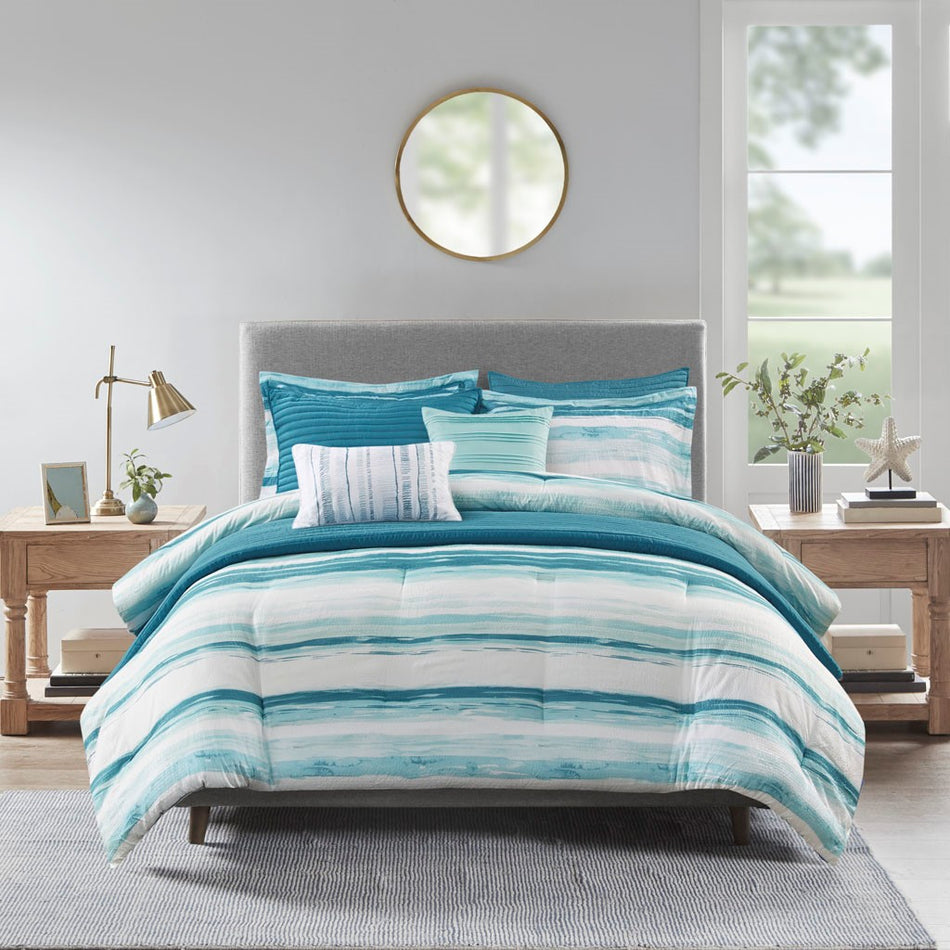 Marina 8 Piece Printed Seersucker Comforter and Coverlet Set Collection - Aqua - Full Size / Queen Size