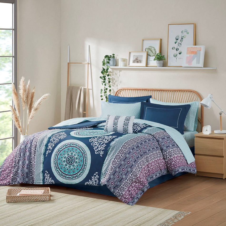 Loretta Boho Comforter Set with Bed Sheets - Navy - Twin XL Size