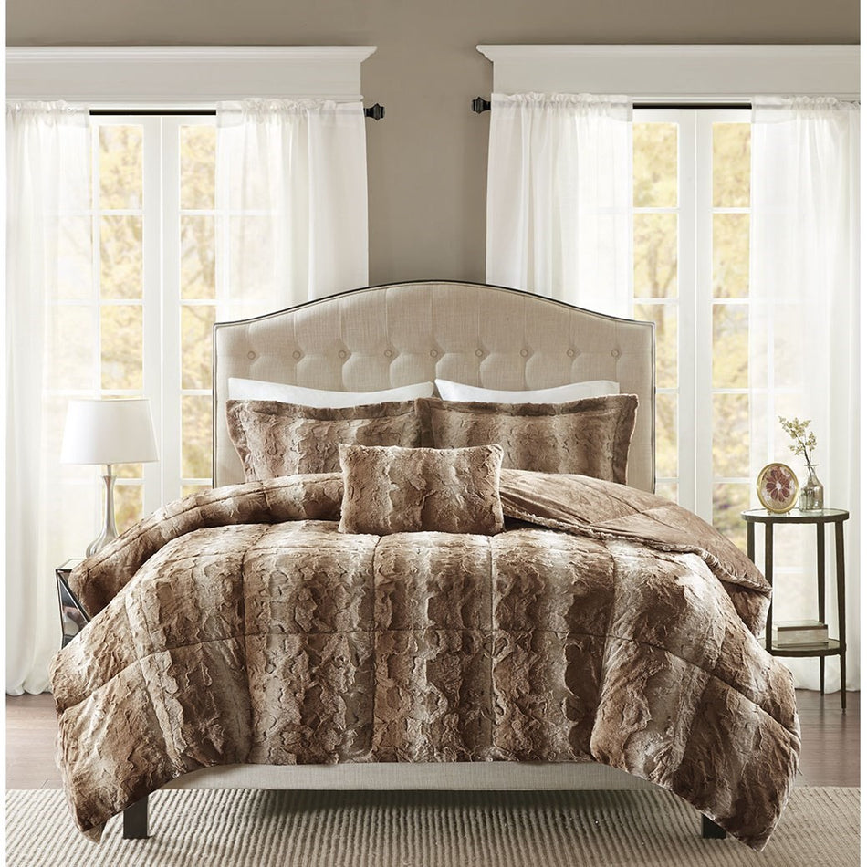 Zuri 4PC Faux Fur Comforter Set - Tan - King Size