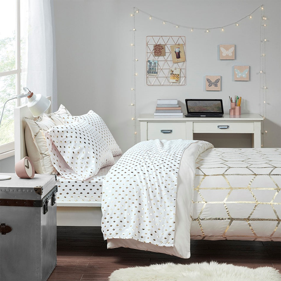 Metallic Dot Printed Sheet Set - White / Gold - Full Size