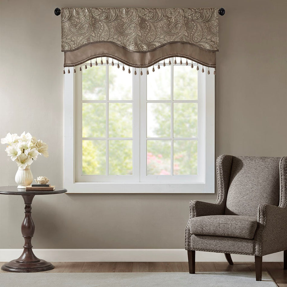 Madison Park Aubrey Jacquard Window Rod Pocket Valance With Beads - Blue / Brown - 50x18"