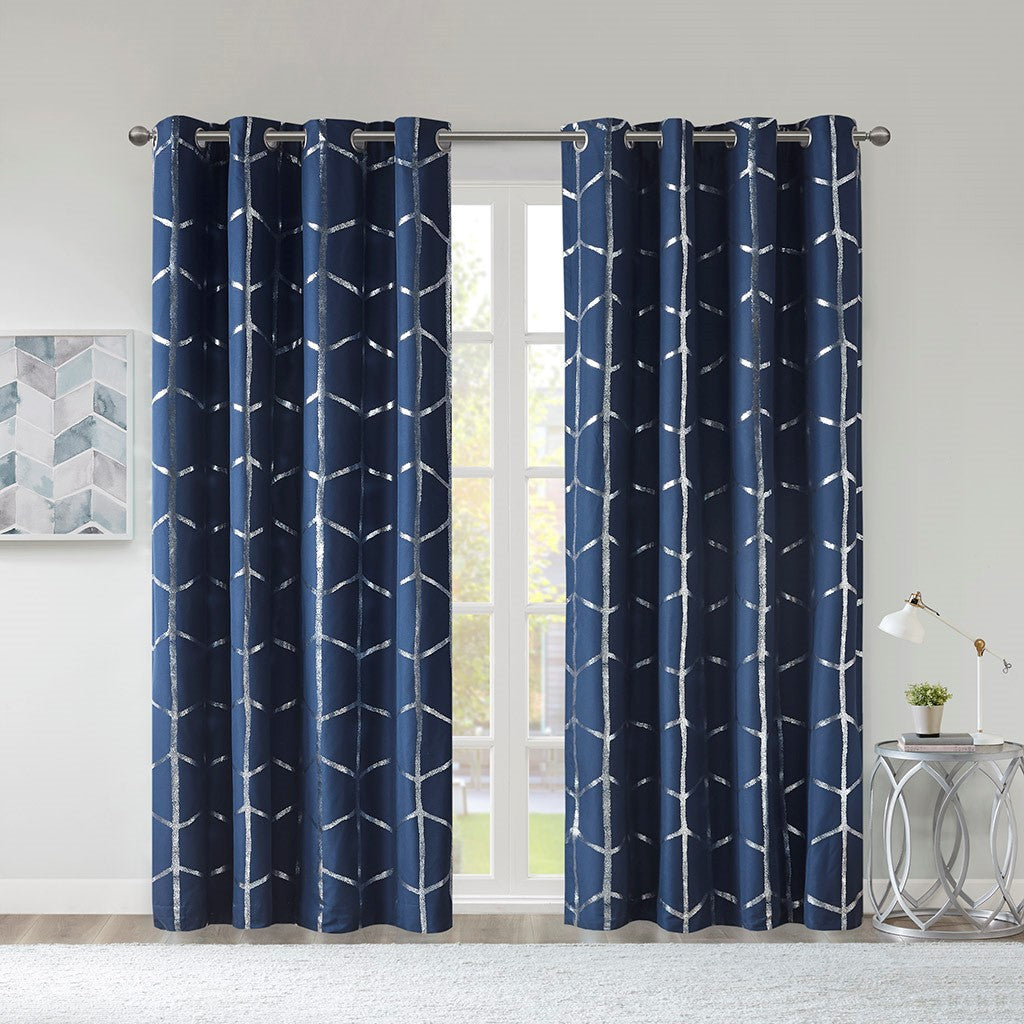 Intelligent Design Raina Total Blackout Metallic Print Grommet Top Curtain Panel - Navy - 50x84"