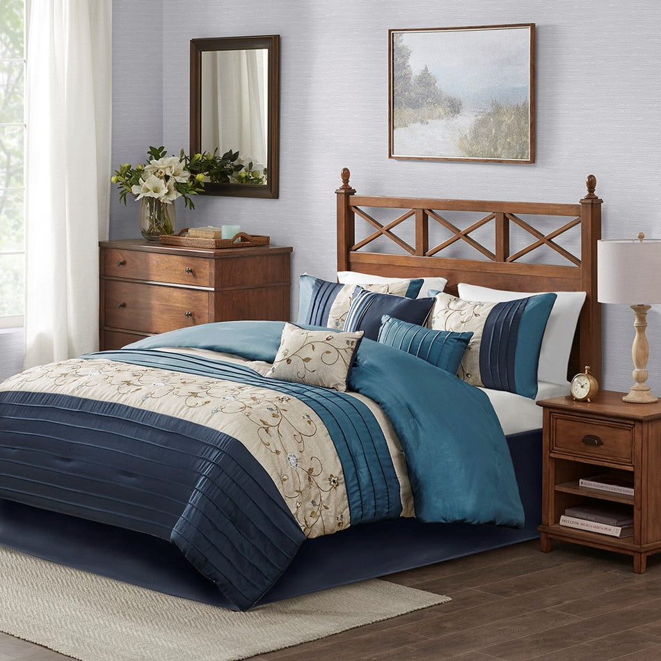 Madison Park Serene Embroidered 7 Piece Comforter Set - Navy - Cal King Size