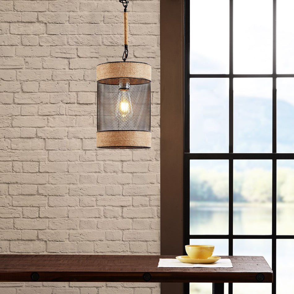 Orion Natural Rope and Metal Mesh Cylinder Pendant - Natural / Black