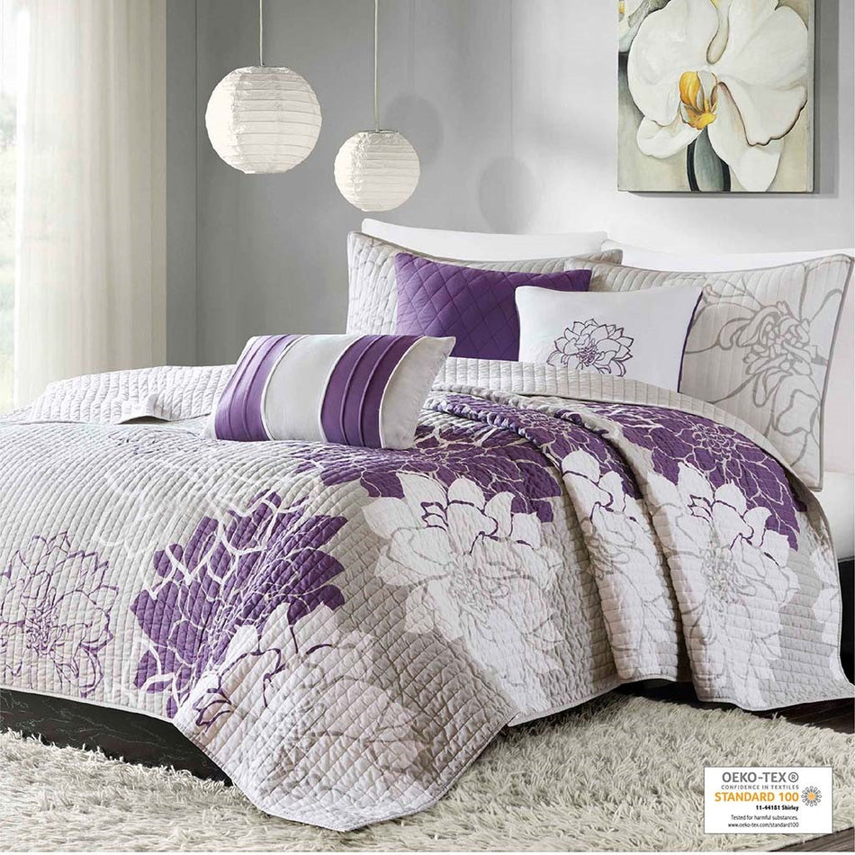 Madison Park Lola 6 Piece Printed Cotton Quilt Set with Throw Pillows - Purple - Full Size / Queen Size