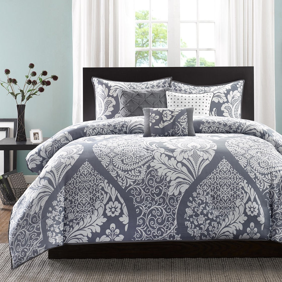 Vienna 7 Piece Cotton Printed Comforter Set - Grey - King Size