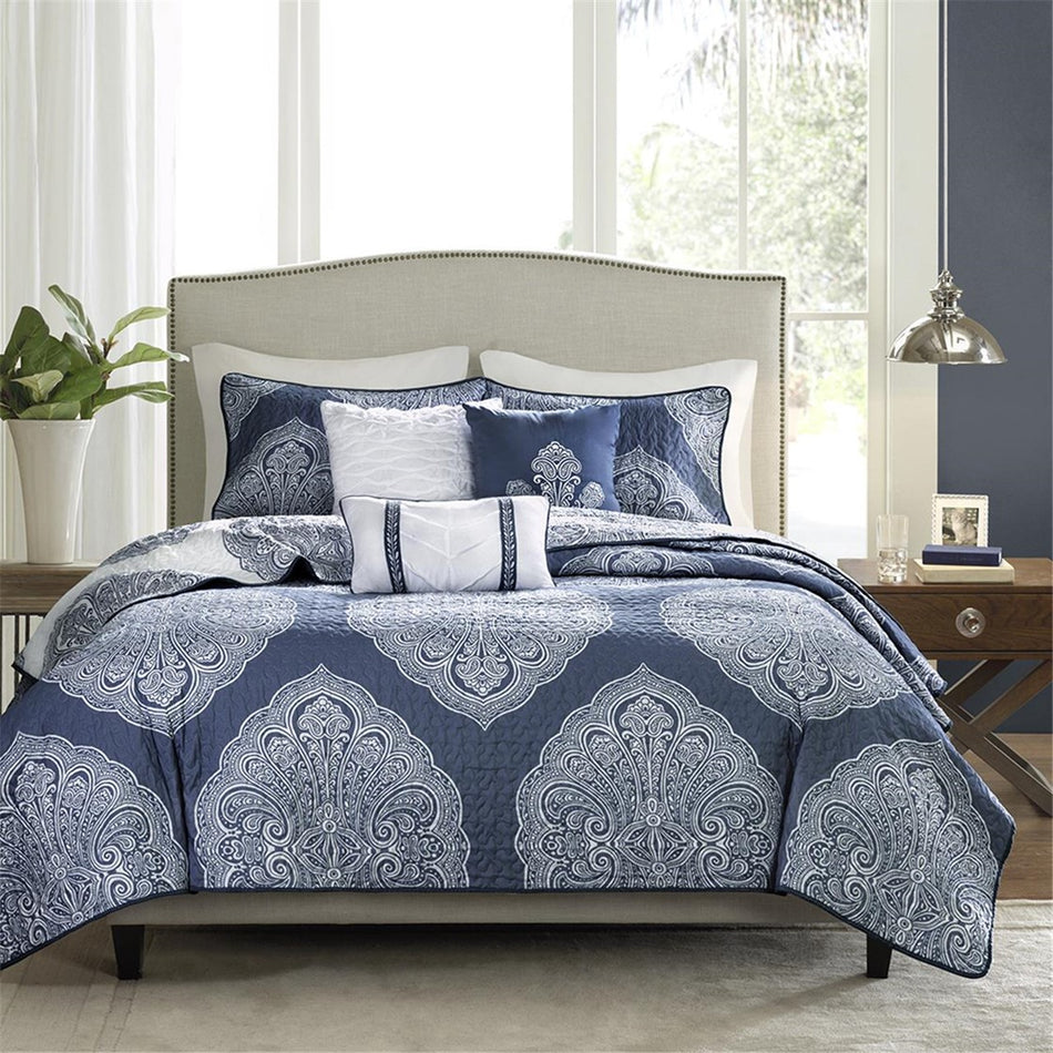 Rachel 6 Piece Reversible Quilted Coverlet Set - Navy - Full Size / Queen Size