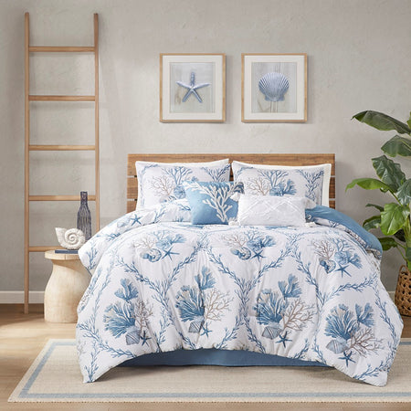 Harbor House Pismo Beach 6 Piece Oversized Cotton Comforter Set with Throw Pillows - Blue / White  - King Size Shop Online & Save - expresshomedirectr.com