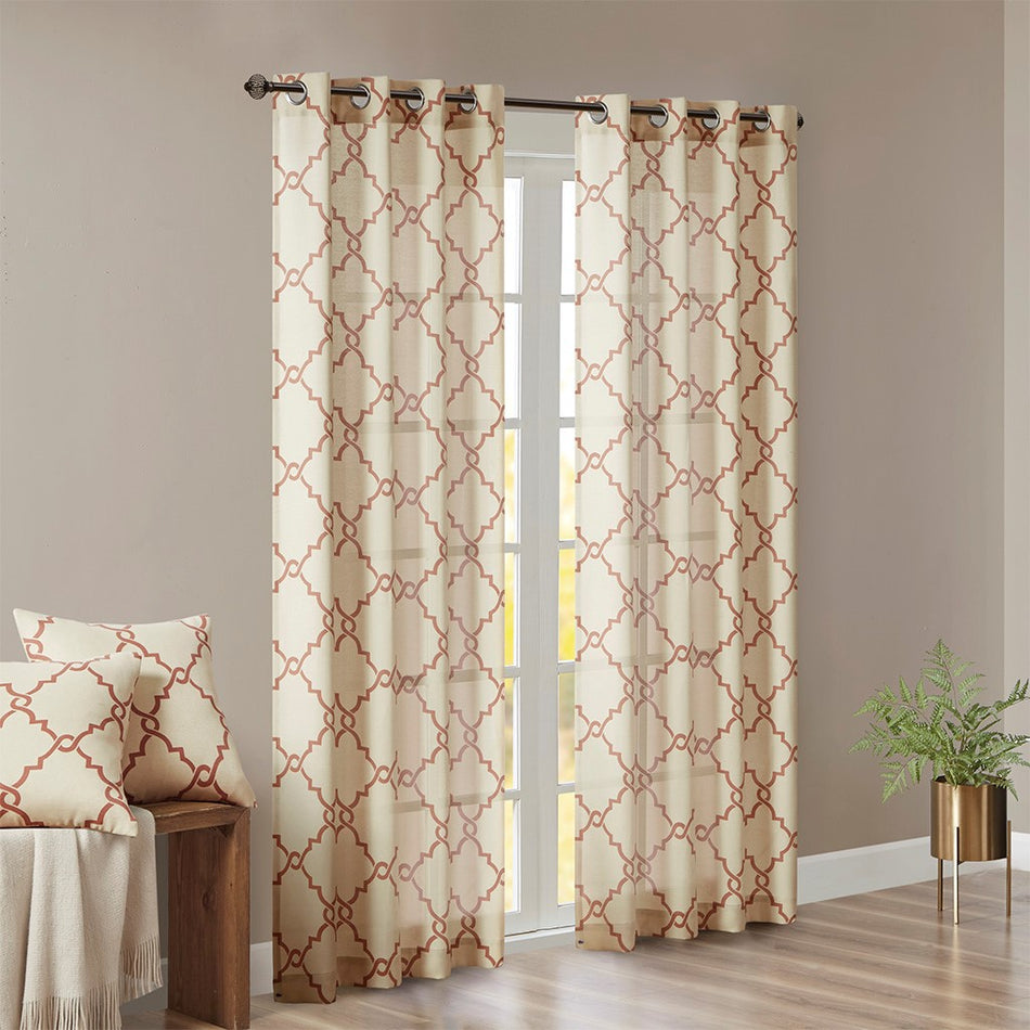 Madison Park Saratoga Fretwork Print Grommet Top Window Curtain - Beige / Spice - 50x108"