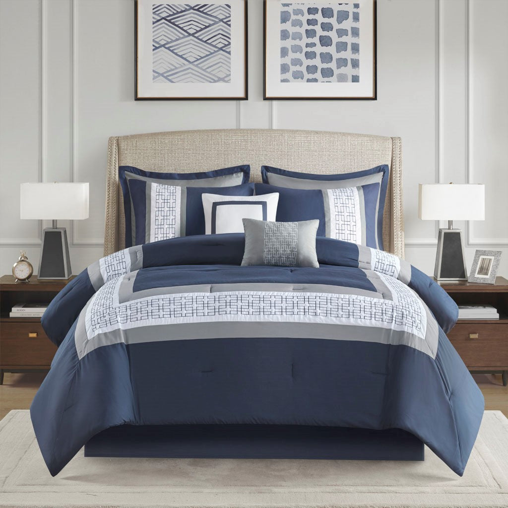 510 Design Powell 8 Piece Embroidered Comforter Set - Navy - Cal King Size