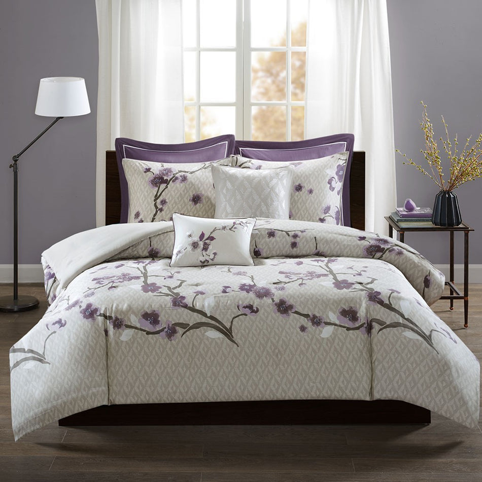 Holly 7 Piece Cotton Duvet Cover Set - Purple - Full Size / Queen Size