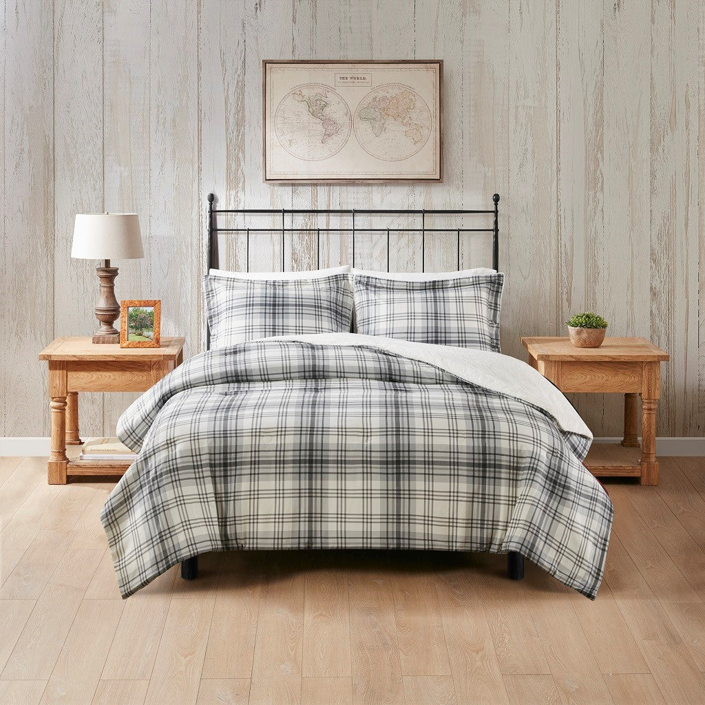 Woolrich Bernston Faux Wool to Faux Fur Down Alternative Comforter Set - Gray Plaid - Twin Size / Twin XL Size