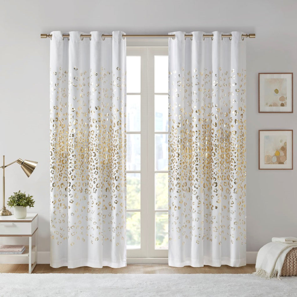 Intelligent Design Lillie Grommet Top Metallic Animal Printed Total Blackout Curtain - White / Gold - 63" Panel