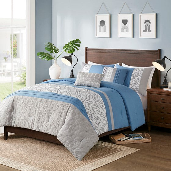 510 Design Donnell Embroidered 5 Piece Comforter Set - Blue - King Size / Cal King Size