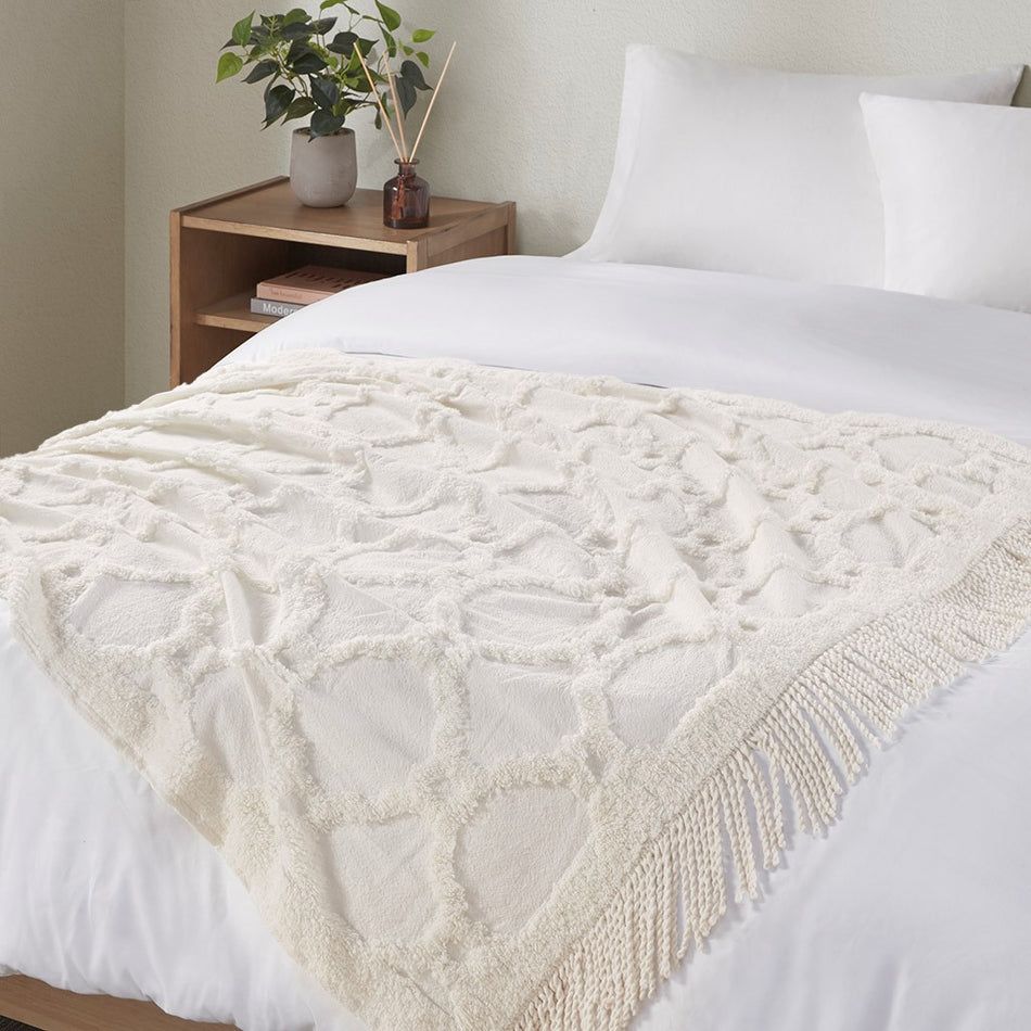 Brianne 100% Cotton Tufted Chenille Lightweight Throw With Fringe Tassel 50" x 60" - Ivory - 50x60"