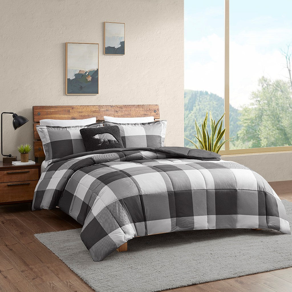 Woolrich Hudson Valley Down Alternative Comforter Set - Grey / Black Buffalo Check - Full Size / Queen Size