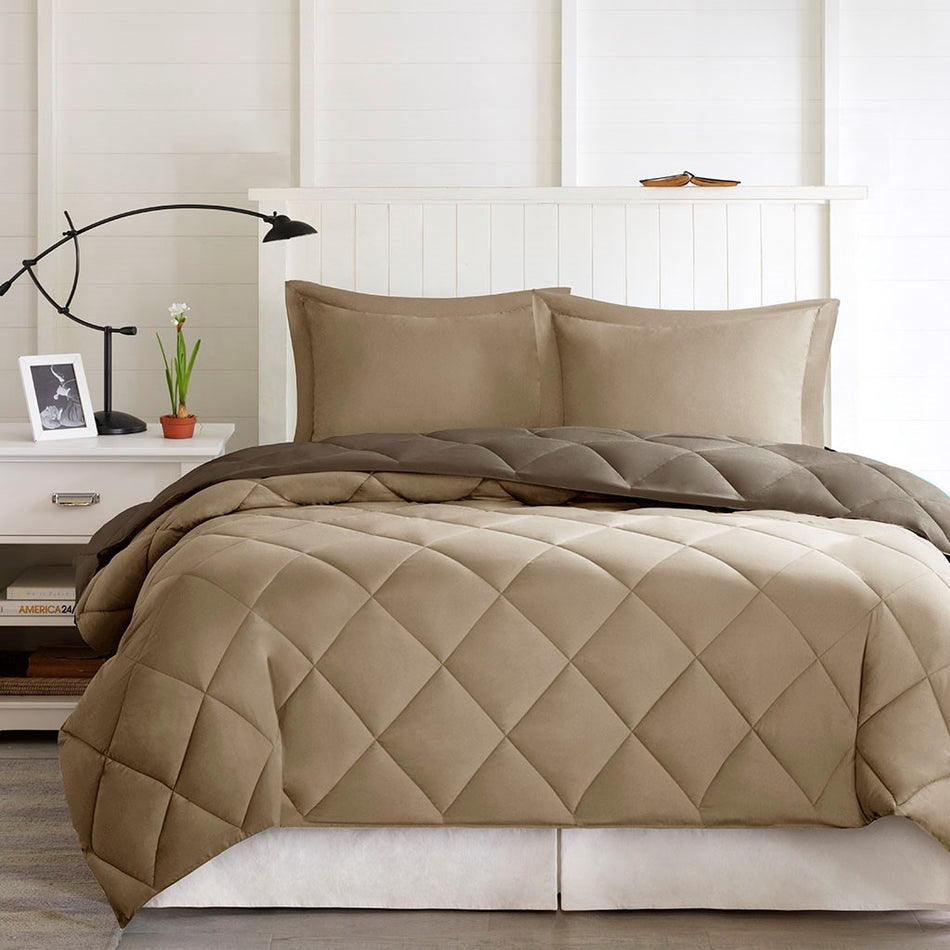 Larkspur 3M Scotchgard Diamond Quilting Reversible Down Alternative Comforter Set - Brown / Sand - Full Size / Queen Size