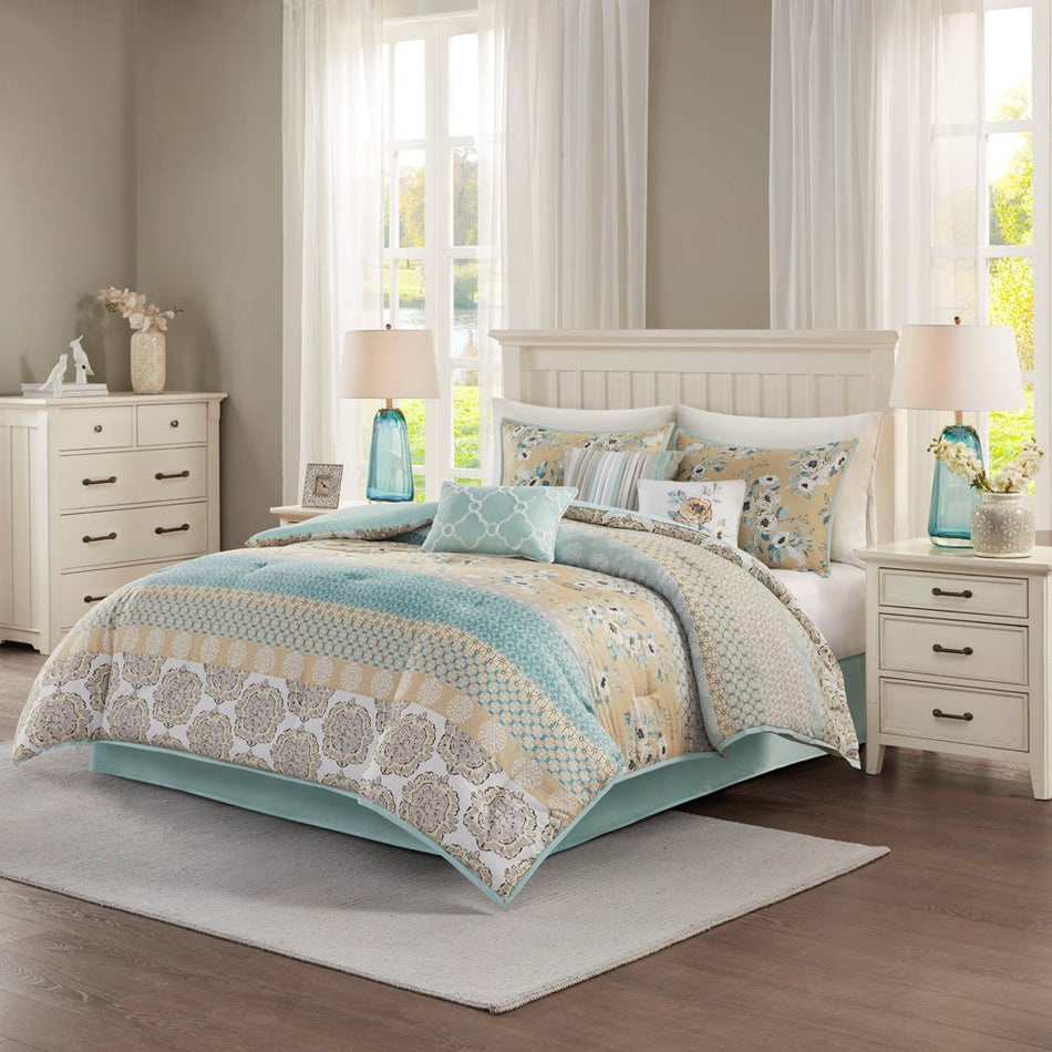 Madison Park Willa 7 Piece Cotton Printed Comforter Set - Green - Cal King Size