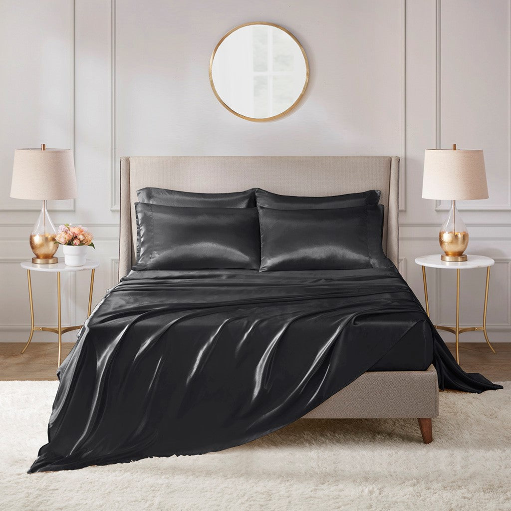 Madison Park Essentials Satin Luxury 6 PC Sheet Set - Black - Cal King Size